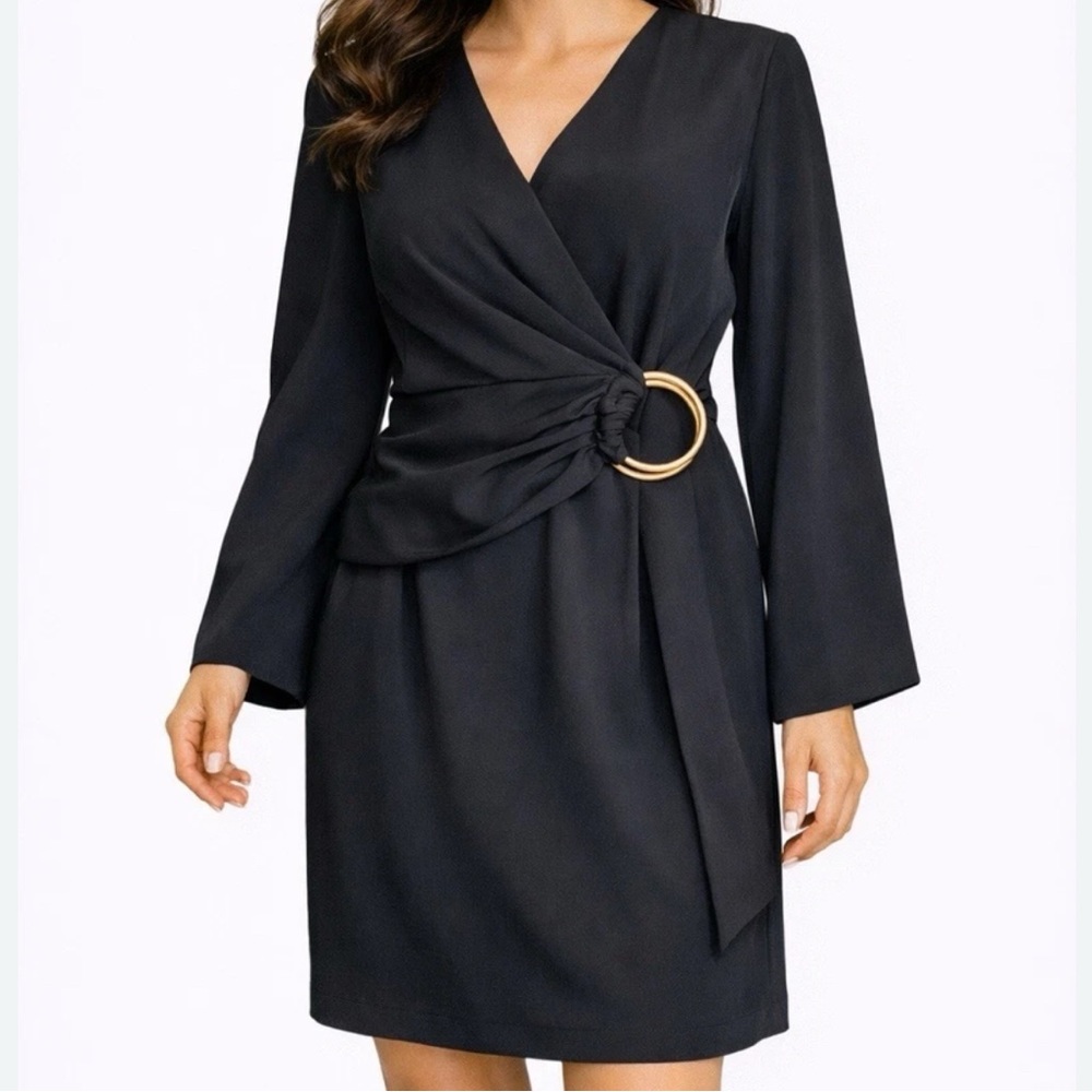Alex Marie Jolie Wrap‎ Dress In Black With Gold Detail Size 18W Flare Sleeve